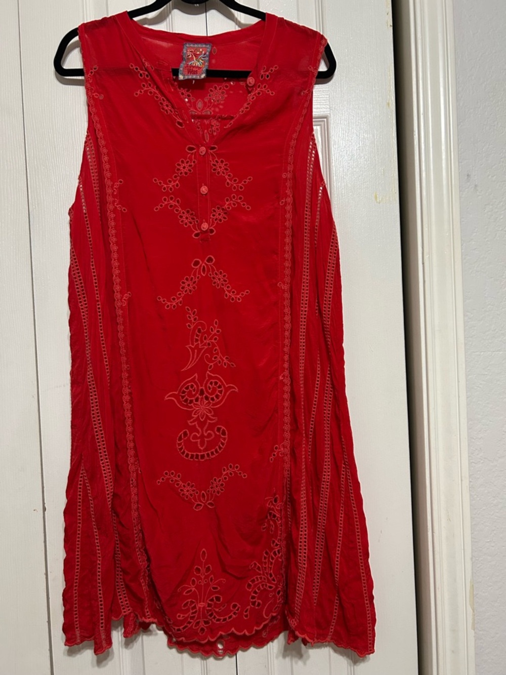 Johnny Was XL Red Sleeveless Embroidered Tunic Dress with matching slip